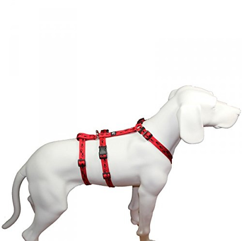 Hoffmann No Exit ausbruchsicheres Hundegeschirr für Angsthund, Sicherheitsgeschirr für Pflegehunde, Panikgeschirr, rot mit schwarzen Pfötchen, Bauchumfang 60-80 cm, 25 mm Bandbreite