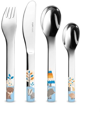 Puresigns Ergonomisches Kinderbesteck-Set 4-teilig aus Edelstahl 18/10 – Sicher & Langlebig – Waldtiere-Motive (Bär, Dachs, Wildschwein) – Spülmaschinenfest – Ideal für Kleinkinder & Esslernbesteck