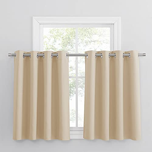 PONY DANCE Scheibengardinen Wohnzimmer Ösenvorhang 2er Set Verdunkelungsvorhang Kurze Gardine für Küche Blickdichte Vorhänge mit Ösen, H 90 x B 132 cm, Biscotti Beige