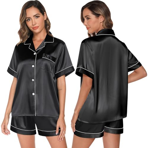 GAESHOW Conjunto de Pijama de Seda de Sat¨¦n para Mujer, de Manga Corta con Botones Ropa de Dormir Ropa de Descanso de Dos Piezas Negro L