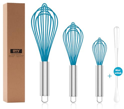 OYV Silicone Whisk,Heat Resistant 480°F Whisks For Cooking Non Scratch,Stainless Steel wired wisk,Plastic Rubber Whisk Tool For Nonstick Cookware Pans,Silicon Wisks Set of 4,Blue