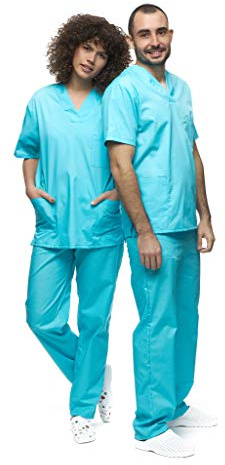 Unisex Medicinskt Uniformsset med Kasäck och Byxor, Medicinskt Skrubset, Vård Yrkeskläder, Ljusblå, XL