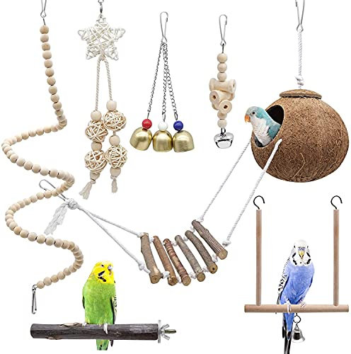 EUNEWR Vogelspielzeug für Vögel Vogel Papagei Spielzeuge Holz Papageienspielzeug Hängend Schwingen Klettern Hängematte für Sittiche, Conure, Aras, Finken,7 Stück