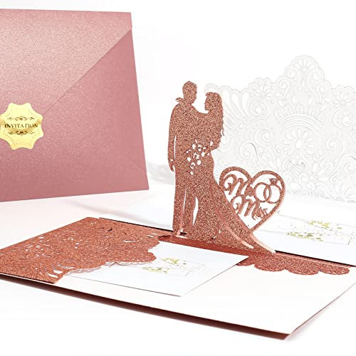 Pop Up Hochzeitskarte mit umschlag,3D Karte für hochzeitstag, Hochzeitskarten Brautpaar, Einladungskarte für Hochzeit, Jahrestag, Valentinstag, Wedding Card, Anniversary (Roségold-Puder)