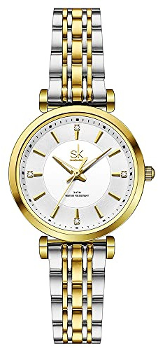 SHENGKE SK Klassische Frauen Uhren Mode Damen Kleid Uhr Solide Edelstahl Band Echtes Lederband