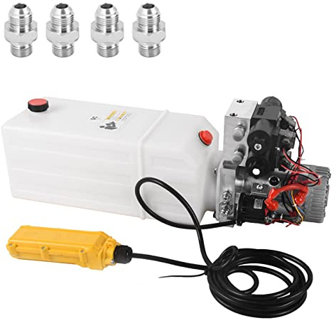 LFGUD 8 Quart Hydraulic Pump 12V DC Hydraulic Power Unit Double Acting Double Solenoid Hydraulic Pump with Plastic Reservoir for Dump Trailer Car Lifting Platforms