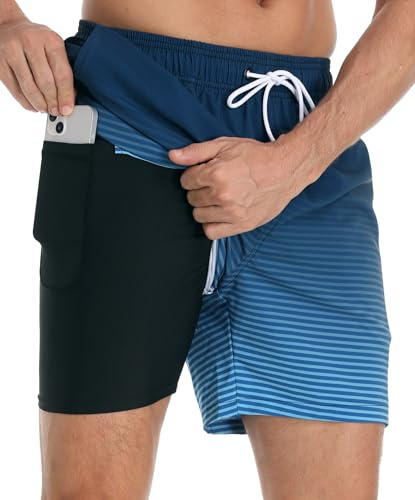 Badbyxor för män med kompressionsfoder, 2-i-1 fritidsshorts, träningsshorts, snabbtorkande, andningsbara badshorts för män, brädshorts med blixtlåsfickor, L2# indigo gradering, XL