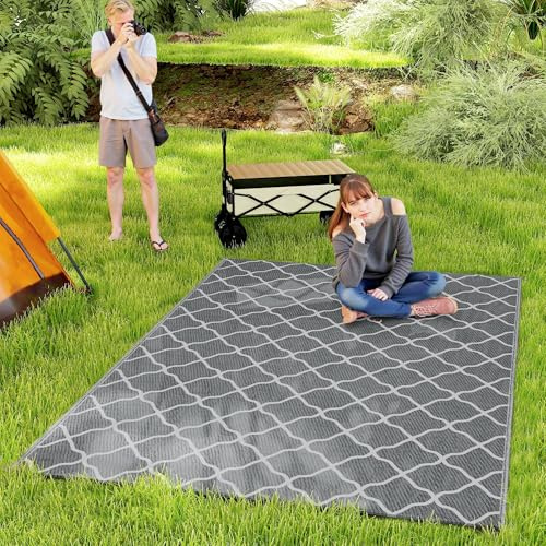 Outsunny Reversible Outdoor Rug w/Carry Bag, 182 x 274cm, Grey | Waterproof Plastic Straw Mat, for Garden, Deck, RV, Picnic, Beach, Camping