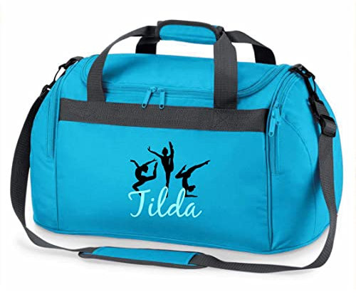 Kinder-Sporttasche Gymnastik mit Namen Bedruckt | Personalisierbar mit Motiv Turnerin Boden-Turnen | Reisetasche Duffle Bag zum Umhängen für Mädchen (türkis)