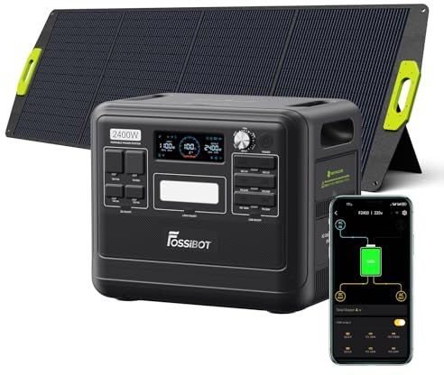 FOSSiBOT Bärbar elektrisk generator 2400W/2048Wh med solpanel 200 W, elgenerator, LiFePO4 batteri, 3 x 230 V ren våg AC-uttag för UPS, för husbilar, trädgård, RV