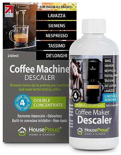 HouseProud Descaler for Coffee Machines 240ml, 4 Uses Per Bottle - Food Grade Coffee Machine Descaler with Corrosion Inhibitor - Compatible with De Longhi, Nespresso, Sage, Lavazza & More