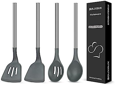 4 PCS Ensemble d'Ustensiles de Cuisine en Silicone, Spatules pour Wok - Spatules Fente - Cuillère de Cuisine - Cuillère Fendue, Ustensiles de Cuisine Antiadhésifs Sans BPA, Résistants à la Chaleur
