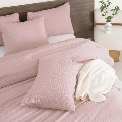Andency Pinkes Bettwäsche-Set für Doppelbett, 2-teiliges Bettwäsche-Set (1 Seersucker strukturierte Bettdecke und 1 Kissenbezug), leichte Mikrofaser-Daunen-Alternative Bett-Set (167,6 x 228,6 cm)