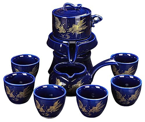 Juego de té chino, caja de regalo, juego de té Kung Fu automático giratorio, regalo de porcelana, patrimonio cultural inmaterial, adecuado para la familia, socialización, regalos y otros usos (koi