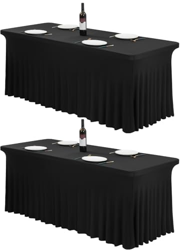 FXKS Spandex Tischröcke, 2 Stück, Schwarz, für 1,8 m Rechtecktische | Stretch Tischdecke und Tischabdeckung mit elegantem Faltenrock für Hochzeit, Party, Messe und Bankett