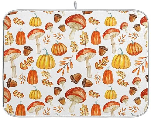 Mnsruu Absorbent Dish Drying Mat Autumn Plants Mushrooms Dishes Drainer Protector Pad Pot Holder with Hanging Loop for Kitchen Countertops Sinks Refrigerator 46 x 61 CM