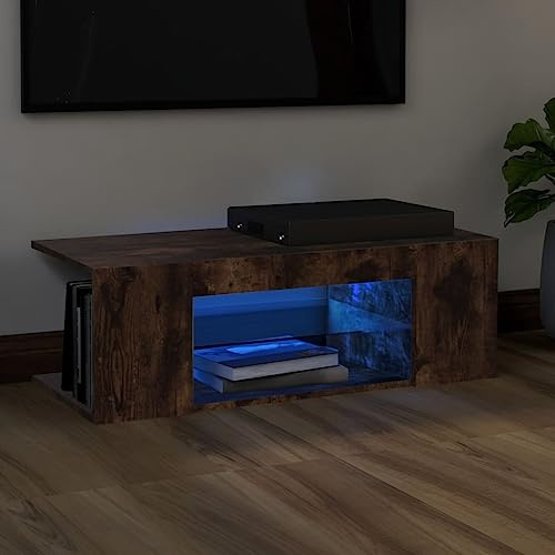 Armoire de rangement moderne pour salon - Meuble TV - Avec lumières LED - Chêne fumé - 90 x 39 x 30 cm - Pour salon, chambre à coucher, etc