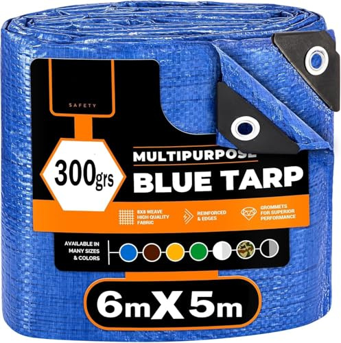 Telo Impermeabile Esterno, Telo Copritutto, Campeggio, Teli Impermeabili Per Esterno, Telo Occhiellato Antistrappo, Coperture Polietilene Multiuso, Telone impermeabile per esterno (6m x 5m 300grs)