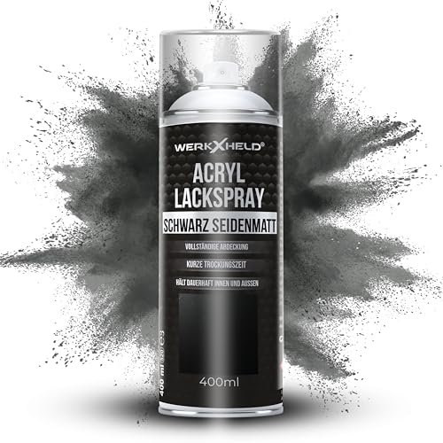 WerkXheld Sprühlack 400ml - Hochwertiges Lackspray Schwarz Seidenmatt RAL 9005, Vielseitig anwendbar auf Holz, Metall & Textil, Langlebiger Acryllack Spray