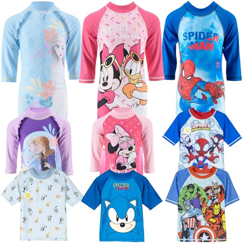 Characters Cartoons Niño niña – Traje de baño traje de neopreno protección solar anti UV camiseta o traje de neopreno entero – playa piscina – verano, Frozen Camiseta 1932 Morado, 8 años