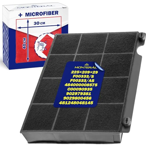 Aktiv kolfilter typ 15 för spiskåpa 225 x 209 x 29 mm F00333/S för Elica 484000008575 för Whirlpool C00090935 för Ariston - set innehåller en mikrofiberduk - MONTERAL