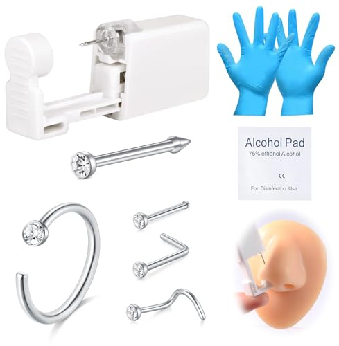 AVYRING 8Pcs Nose Piercing Kit, Built-in Silver Studs, Painless Self Kit with 20G Nose Rings Studs, Disposable Piercing Gun