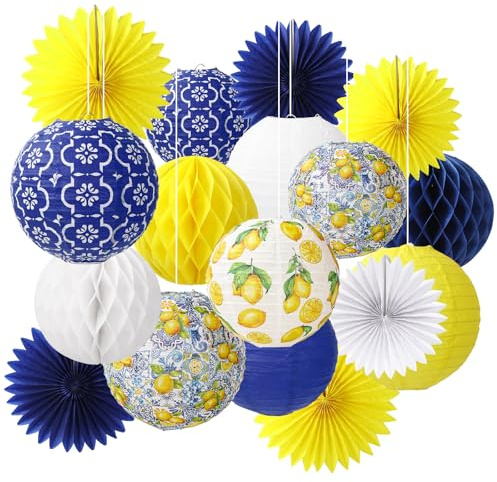 JarThenaAMCS Papierlaternen-Set, Capri-Zitrone, Hängelaterne mit blau-gelb-weißem Wabenball, Papierfächer, Sommer, mediterrane Dekoration für Babyparty, Geburtstag, Hochzeit, 18-teilig