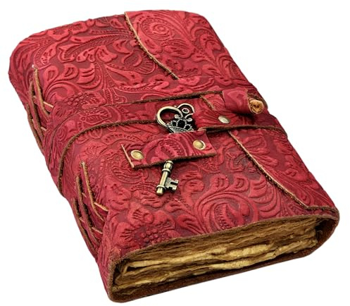 Geprägtes Leder-Tagebuch mit antiken Schlüsseln, Vintage-Seiten, handgefertigtes Tagebuch, Leder-Skizzenbuch, Notizblock, Reisetagebuch, Schattenbuch, Ledergrimoire (Red, 10x7 Inch)