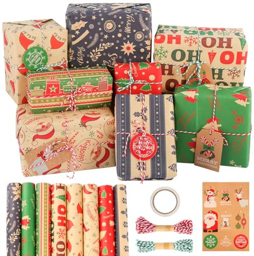 8 Blatt Geschenkpapier Weihnachten, 70x50cm Weihnachtspapier Geschenkpapier, 8 Arten Weihnachtsgeschenkpapier, Christmas Wrapping Paper, Packpapier Weihnachten für Kinder, Freunde, Familie