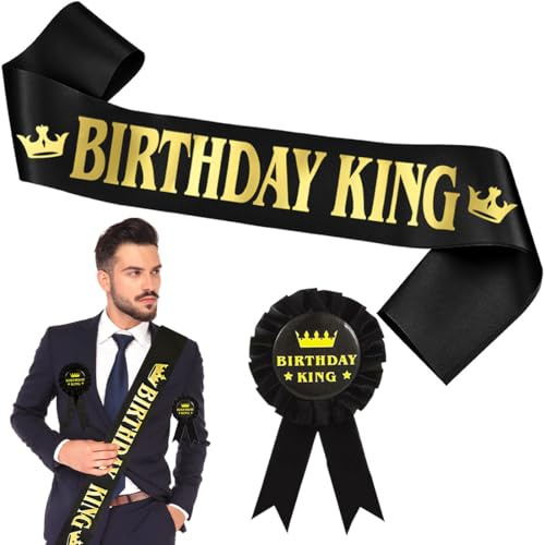 AFCJLTO Banda de cumpleaños para rey con pancarta Happy Birthday, banda de satén negro con lámina dorada, accesorios y suministros de decoración para hombres y niños