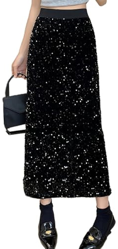 Falda larga de lentejuelas para mujer, falda sexy de terciopelo, elástica, cintura alta, dobladillo dividido, salida nocturna, fiesta, una línea, maxifalda, Negro , Talla única
