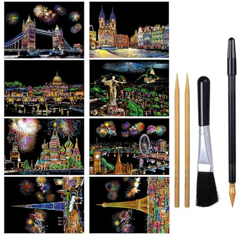 8 Bögen Kratzbilder Erwachsene Scratch Art Regenbogen Kratzpapier Papier DIY Kratzbilder für Kinder Erwachsene mit Scratchboard Tools