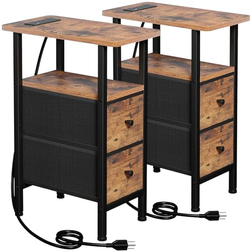LOAKEKEL Narrow Nightstand with Charging Station, End Tables Living Room Set of 2, Skinny Side Table with Fabric Drawers, Slim Sofa Table for Bedroom, Small Spaces, Couch, Brown, HETNDP02BR
