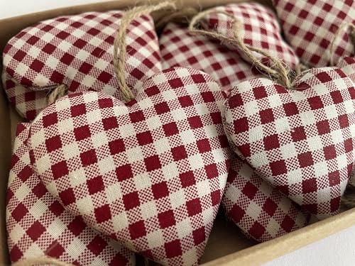 Khevga Herzanhänger kariert im 12er-Set – Dekorative Stoffherzen für Zuhause, Fenster & Tür – Frühlings-, Weihnachts- und Ganzjahres-Dekoration im Landhausstil & Shabby Chic