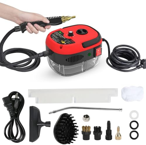 Nettoyeur vapeur pour la maison, 2 500 W, puissant nettoyeur à vapeur, 3,0 bar, pression de vapeur portable avec 9 accessoires de brosse pour meubles de cuisine, salle de bain (rouge)