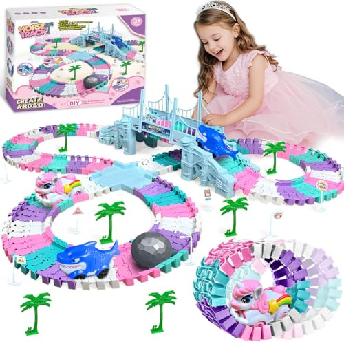 Dolanus Toys for 3-8 Year Old Girls Boys: Construction Race Tracks Toy for Kids, Gifts for Boys Girls Age 3 4 5 6 7 8 Birthday Presents, Track Play Set with 2 Electric Cars Road Games (Unicorn)