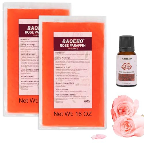 RAQEHO Paraffin Wax for Hand and Feet - 32oz Paraffin Wax Refills 10ml Rose Essential Oil Blocks Hot Wax Hand Foot Care Spa Bath Soak Dry Cracked Peel off Dead Skin Moisturizer Exfoliator Arthritis
