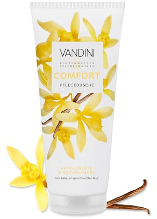 VANDINI Comfort, doccia da donna, 200 ml, con fiori di vaniglia e olio di macadamia, gel doccia per pelli secche e esigenti, vegano, senza parabeni e siliconi, dermatologicamente confermato, prodotto