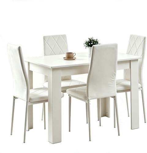 Homullel 5 Piece Dining Room Table and Chairs Set for Dining Room Kitchen, Modern Wooden Dining Table with Chairs for Family Dinner Set (With 4Pcs White Argyle Velvet Chairs, 110cm White Table)