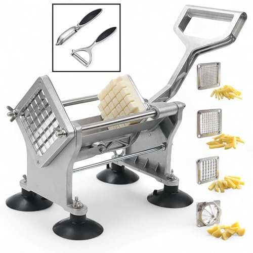 Professionell pommes fritesskärare med 4 blad i rostfritt stål – robust potatisskärare – förbered enkelt de bästa pommes frites – för professionell användning och hemmabruk – innehåller 2 skalare