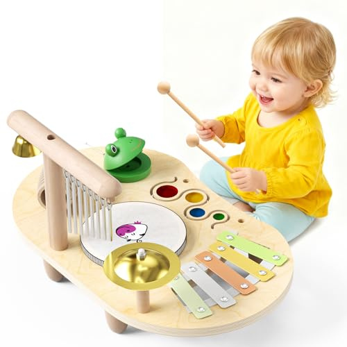 Batería Infantil 7 En 1, con Xilófono & Campanillas & Campanas Colgantes & Platillos & Tambores & Flauta De Pan Y Sonajeros, Juguete Montessori, Instrumento Musical para Niños De 1 Año En Adelante