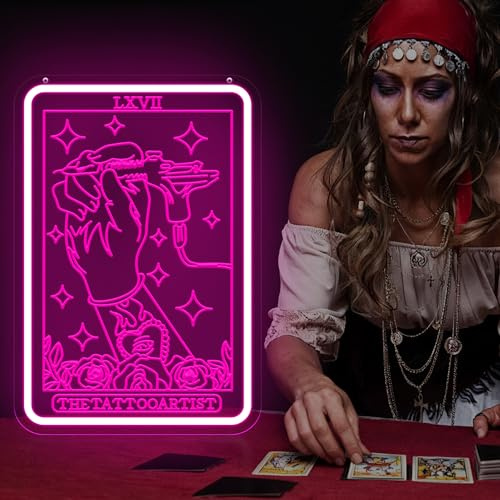 The Tattoo Artist Neon Sign – 15.75″ × 11″ Tattoo Tarot Card Wall Decor – Gift for Tattoo Artist – Tattoo Shop Wall Art – Bold Tattoo Studio Decor