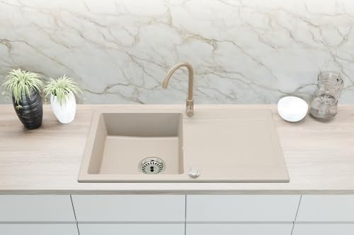Faizee Home | Granit Einbauspüle 90x50 cm – Spülbecken mit Abtropffläche | Küchenspüle inkl. Armatur & Siphon-Set | Kratzfest & hitzebeständig für 45 cm Unterschränke (Genial, Beige)