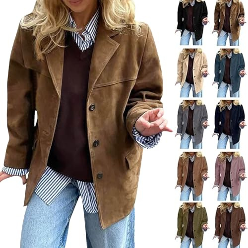 Vestes en daim pour femmes UK - Décontractées et élégantes - Surdimensionnées - Boutons - Manches longues - Manteau en faux cuir - Mode Y2K - Automne - Vêtements avec poches, XL