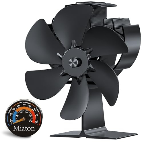 Miaton Ofenventilator ohne Strom, leiser Kaminventilator mit 6 Flügeln | Wärmebetriebener Ventilator für Kaminofen und Holzofen, mit Auto-Lift-Überhitzungsschutz und Magnetthermometer