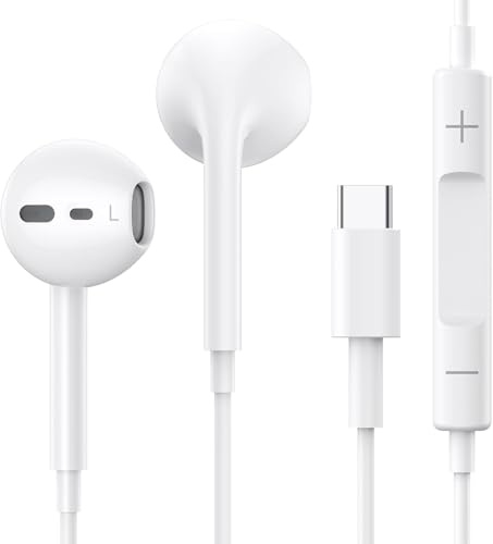 Écouteurs USB C avec câble pour iPhone 17 16 15 Pro Max Plus iPad, USB-C intra-auriculaires avec câble (avec microphone intégré et contrôle du volume) pour Samsung S25 S24 S23 A55 A53, Google Pixel