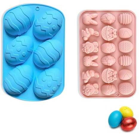 Haoyic 2 Pcs Easter Egg Mould, Chocolate Egg Mould, Easter Chocolate Moulds Silicone, for Candy Tray Party Hot Chocolates Fudge Jelly Cake Making DIY Baking (Blue and Pink)