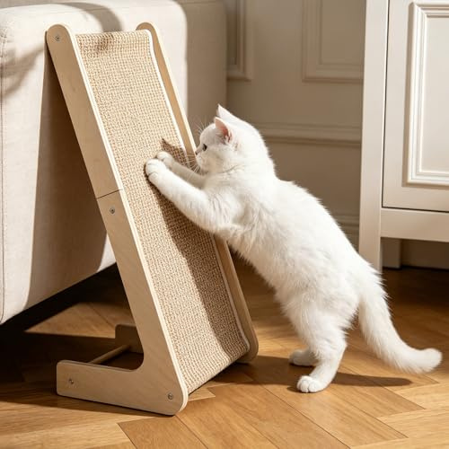 Tabla rascador para gatos en forma de L, diseño de 105°, madera de haya maciza y almohadilla de sisal natural