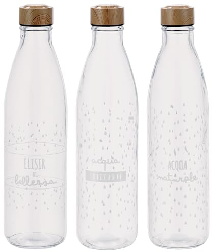 KORAT Set 3 Bottiglie in Vetro 1 Litro con Tappo Effetto Legno – Bottiglie per Acqua Naturale e Frizzante – Borracce in Vetro Riutilizzabili per Frigo, Cucina e Tavola – 8x8x31 cm – Fantasie Assortite