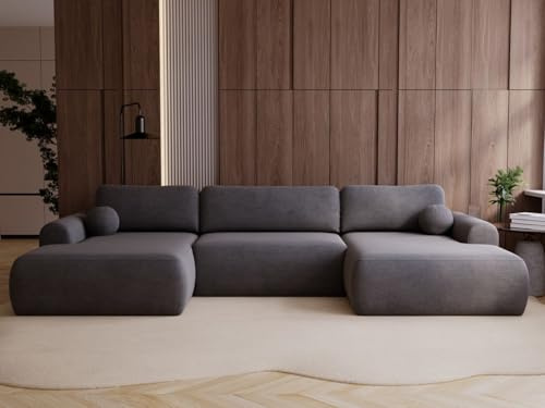 GRAINGOLD Savana U Ecksofa mit Schlaffunktion und Bettfunktion, 344x177 cm, U-Form Sofa, Schlafcouch für Wohnzimmer, Veloursstoff, 5-Sitzer Wohnlandschaft, Ecksofa mit Stauraum (Grau)